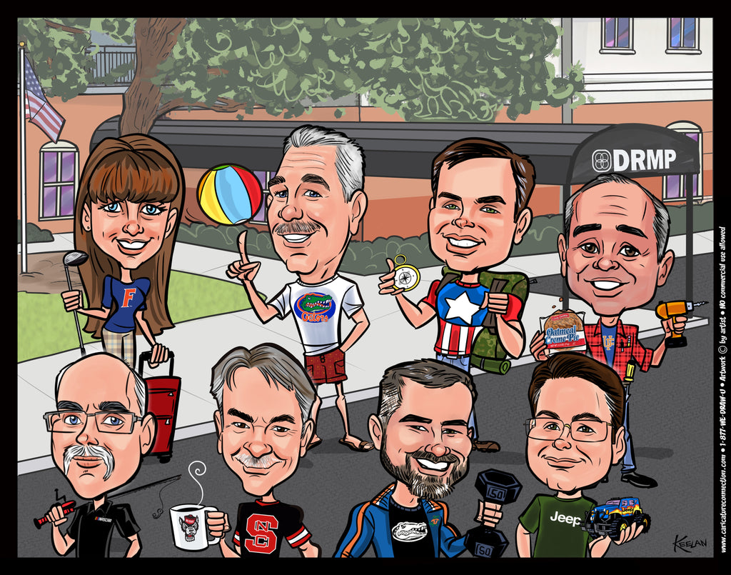 Cartoon caricatures of a group of people in front of a building with a 'DRMP' sign.