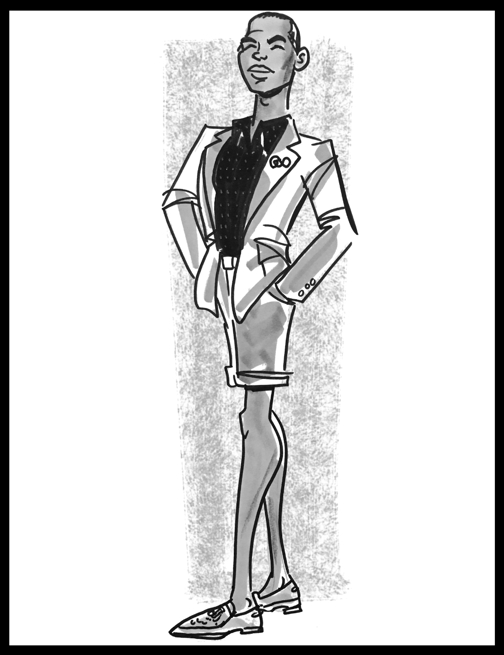 Black and white illustration of a person in formal attire with a textured background
