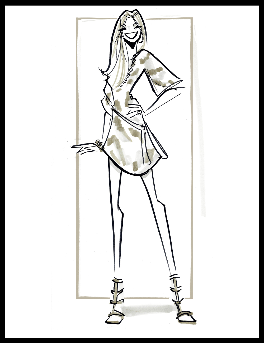 Black and white line drawing of a stylized character holding a tablet.