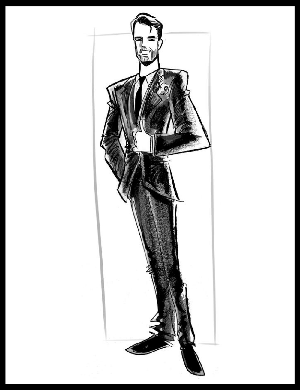 Black and white illustration of a man in a suit