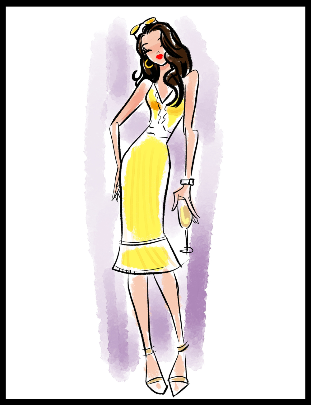 Illustration of a woman in a yellow dress holding a glass against a purple background