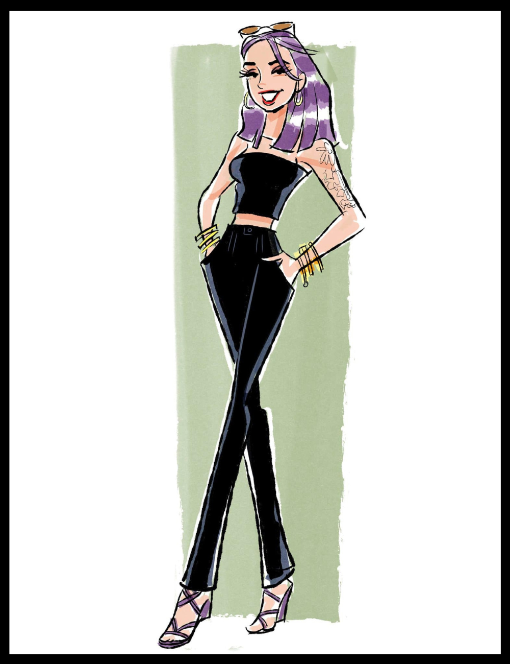 Cartoon character with purple hair and black outfit on a green background