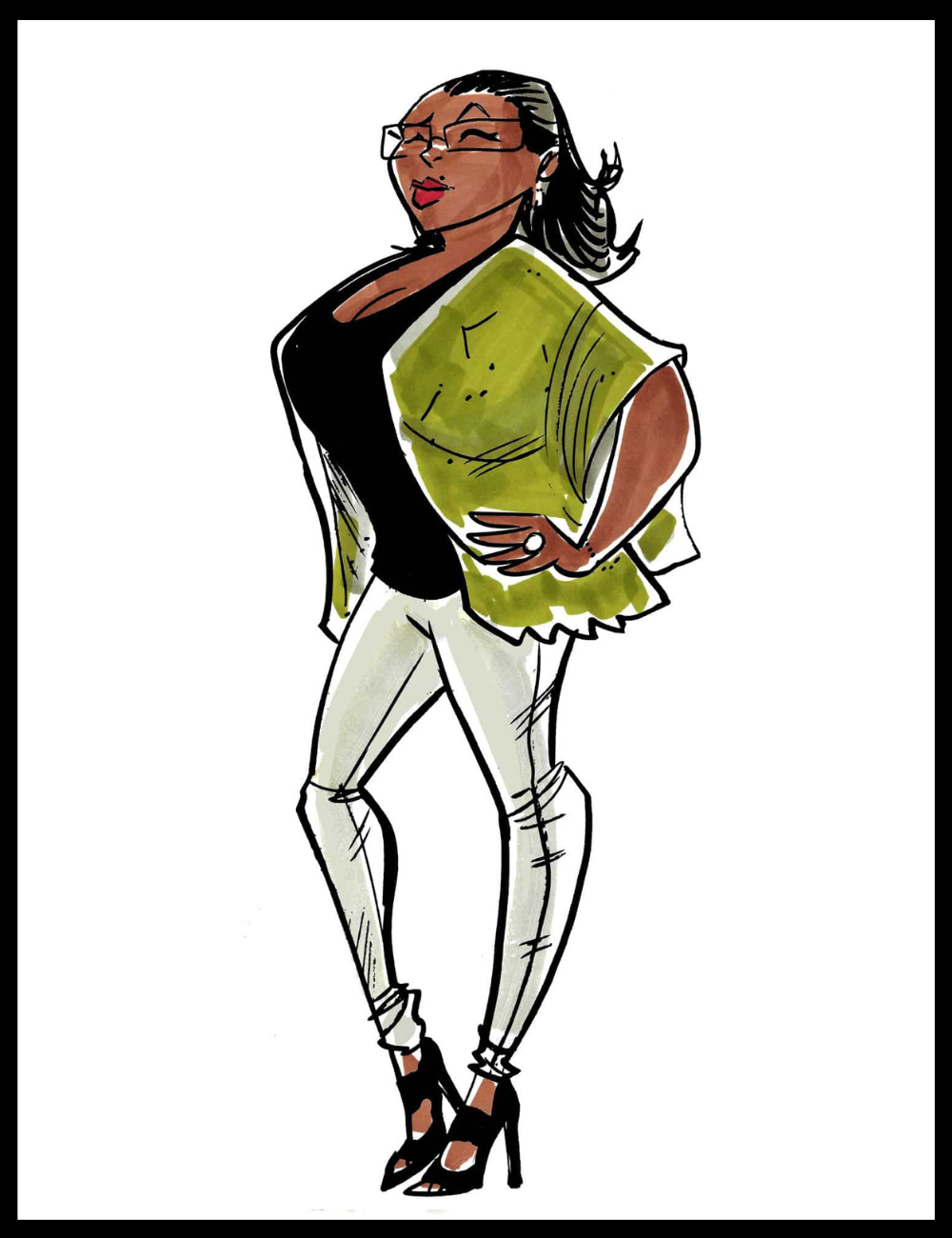 Illustration of a woman wearing a green top and white pants on a white background