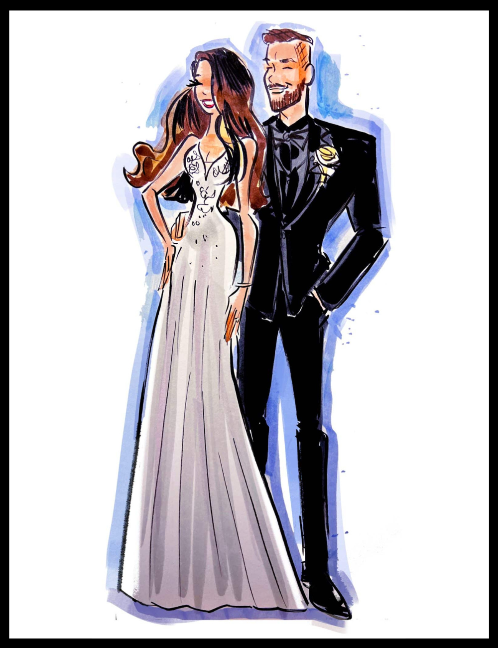 Illustration of a man in a tuxedo and a woman in a formal gown on a white background
