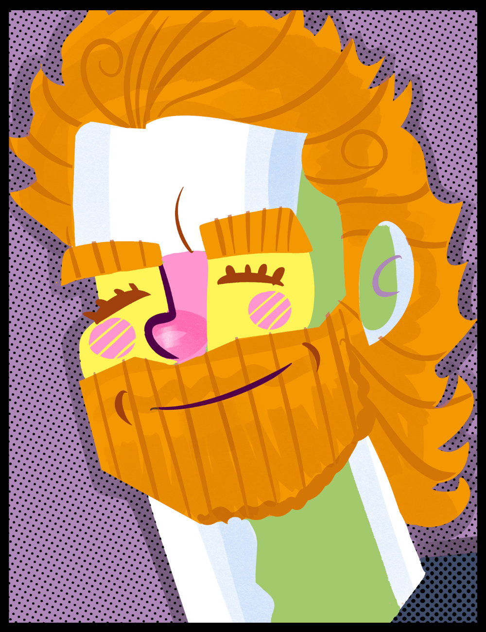 Colorful illustration of a stylized lion with a purple polka dot background