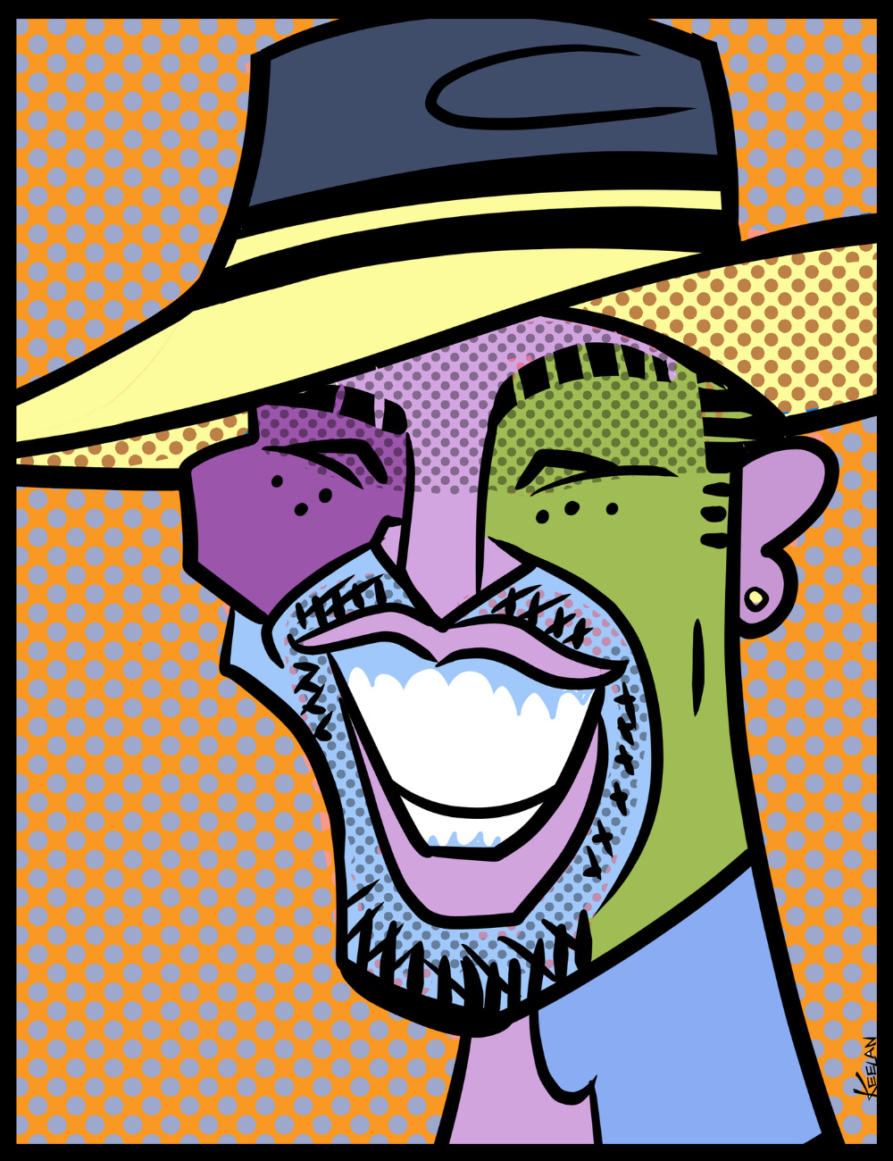 Cartoonish character with a wide smile, large hat, and colorful background