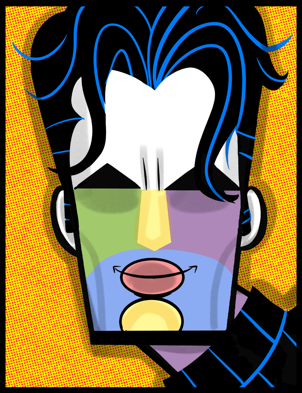 Abstract art with colorful face and black hair on a yellow background