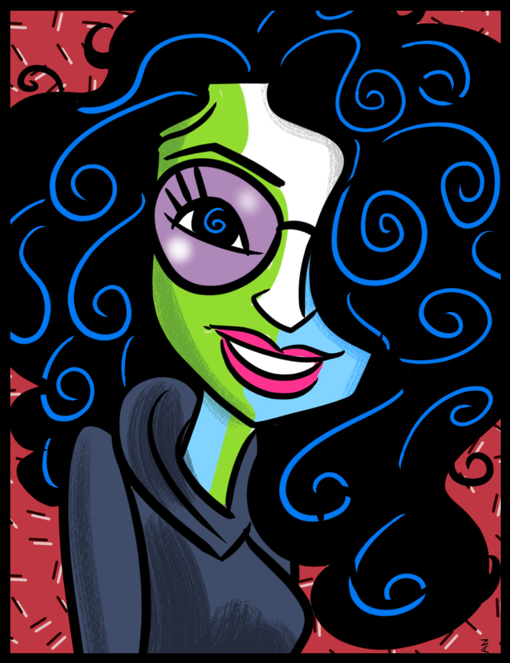 Colorful illustration of a character with green skin, purple eye, and blue hair on a red background.