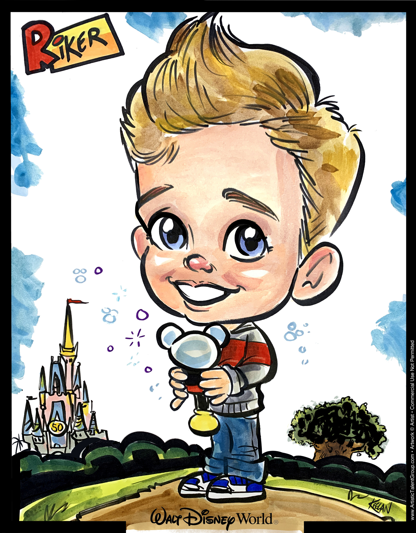Cartoon character with blonde hair and a magnifying glass, with Disney World castle in the background