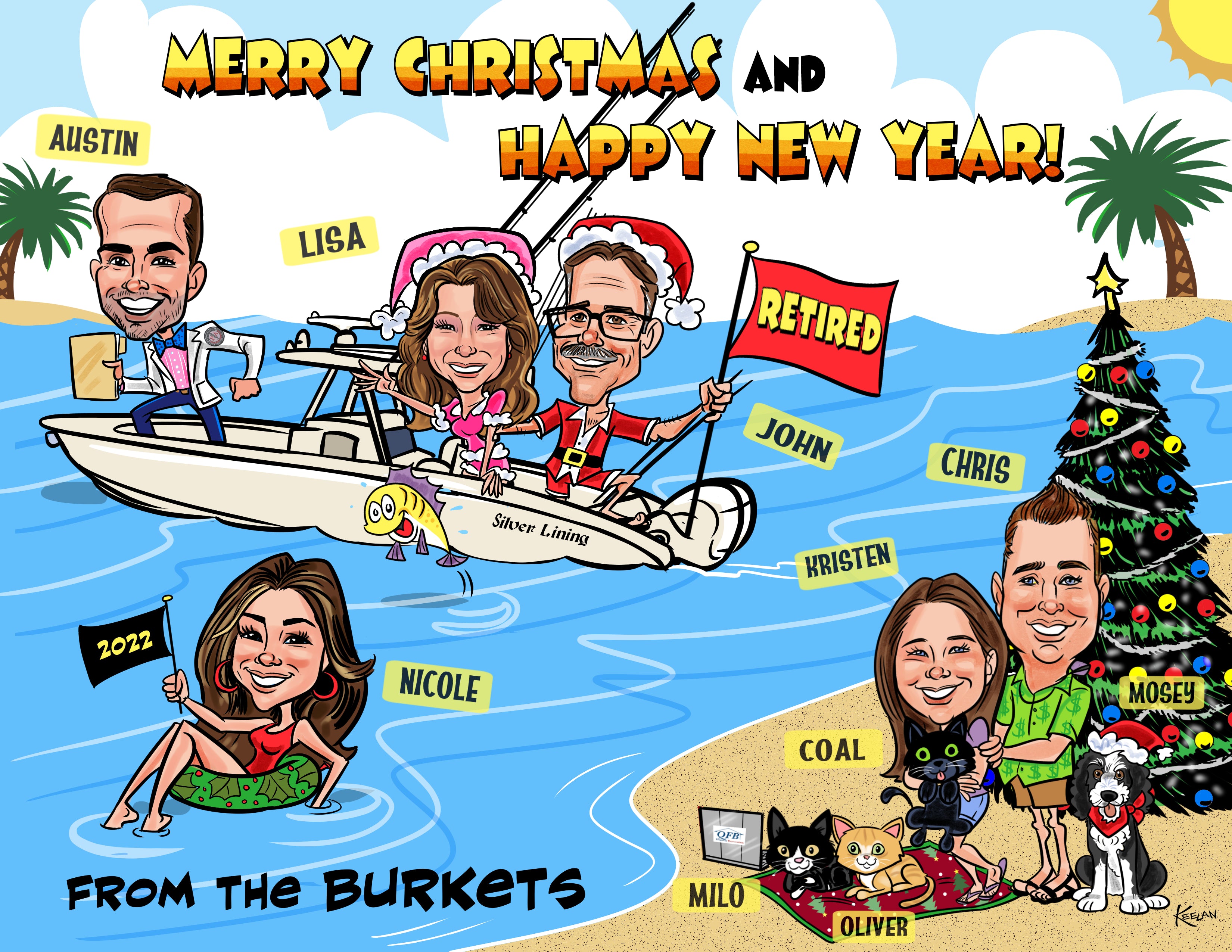 Cartoon illustration of a family on a beach with Christmas and New Year's greetings.