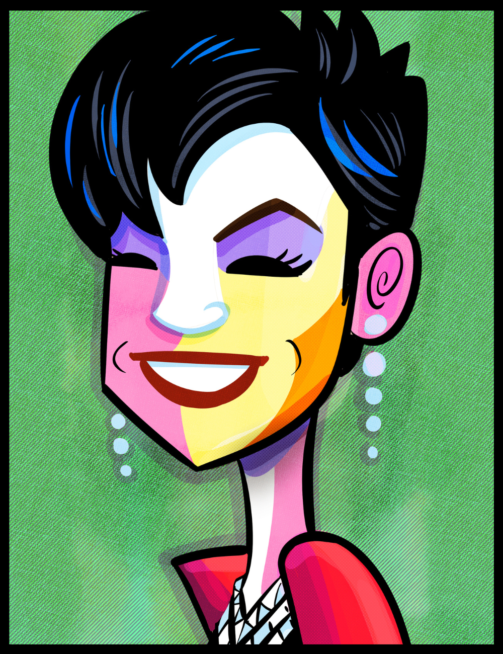Colorful cartoon-style portrait of a character with stylized hair and earrings on a green background