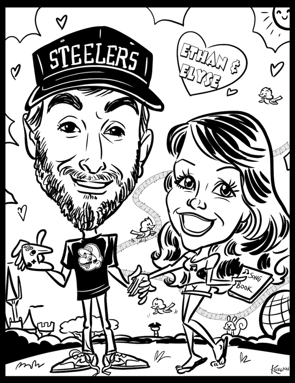 Cartoon caricature of a man and woman with 'Stealers' cap and 'Ethan & Elly' text