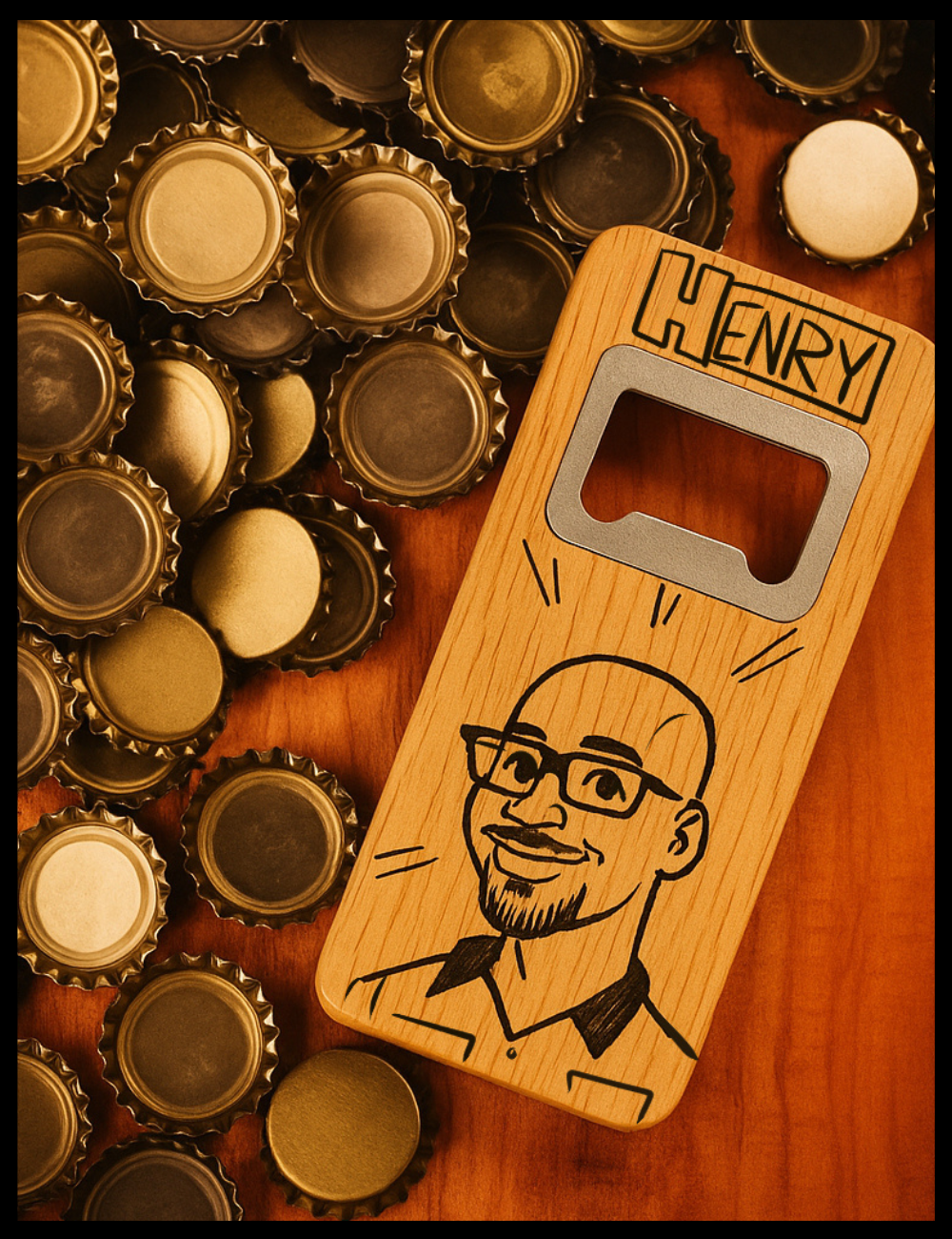 Wooden bottle opener with a engraved face surrounded by bottle caps on a wooden surface