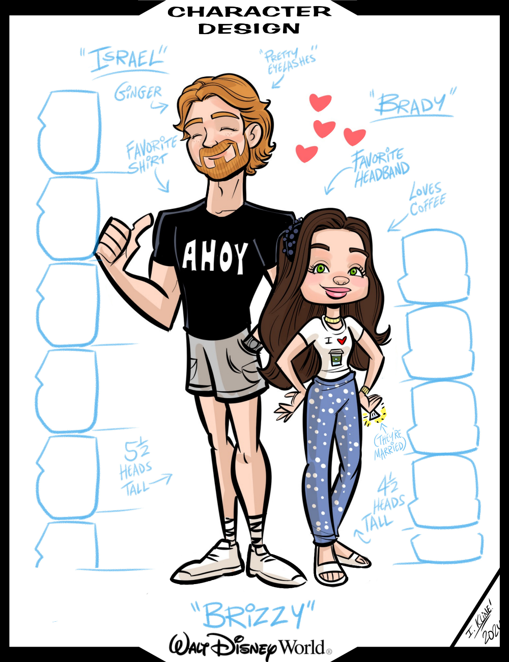 Cartoon character design with a man and woman, labeled 'Israel' and 'Brizzy', with text and measurements around them.
