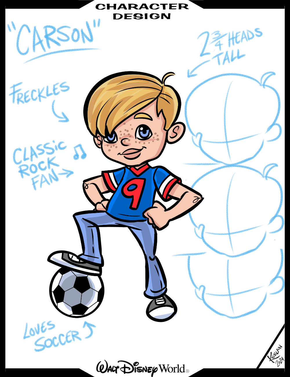 Cartoon character design of a boy with freckles, wearing a blue shirt with number 9, and kicking a soccer ball, labeled 'Carson'.