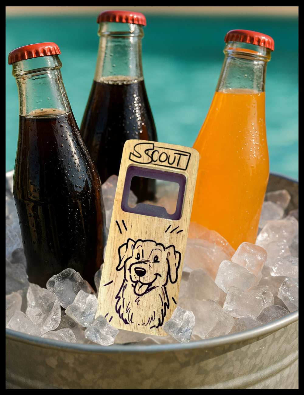 Three bottles of soda on ice with a wooden bottle opener featuring a dog illustration.