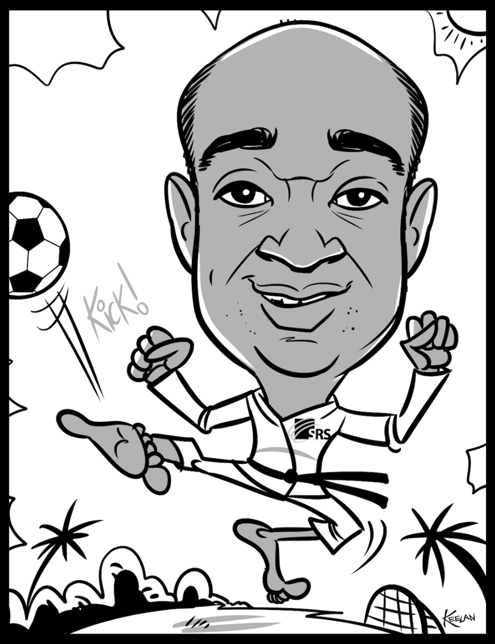 Caricature of a soccer player with a soccer ball and goal in the background