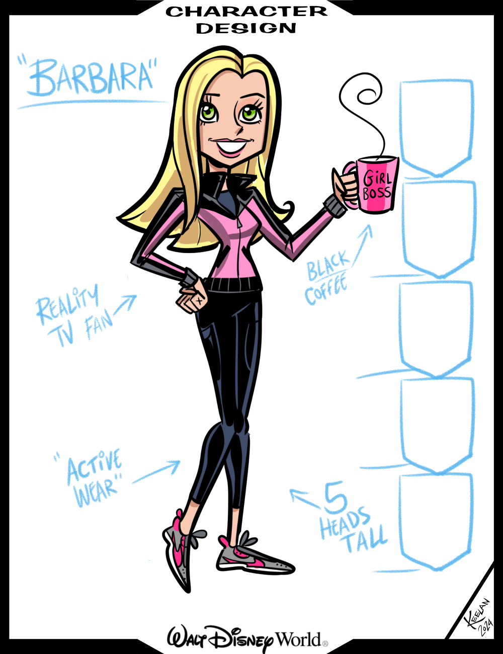 Cartoon character design of a woman named Barbara from Walt Disney World, holding a pink cup with text and notes.