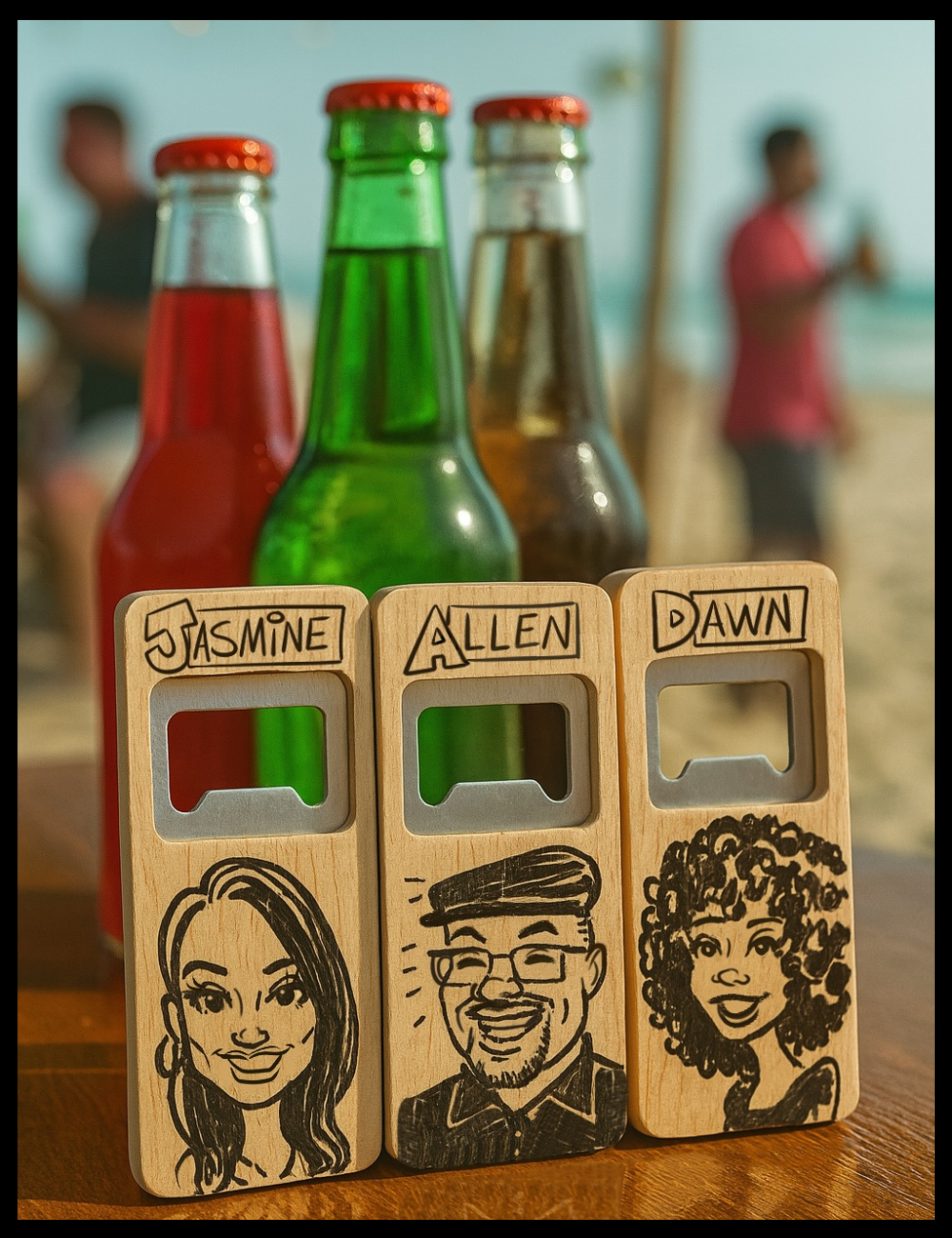 Three wooden bottle openers with engraved faces and names, placed on a table with bottles in the background.