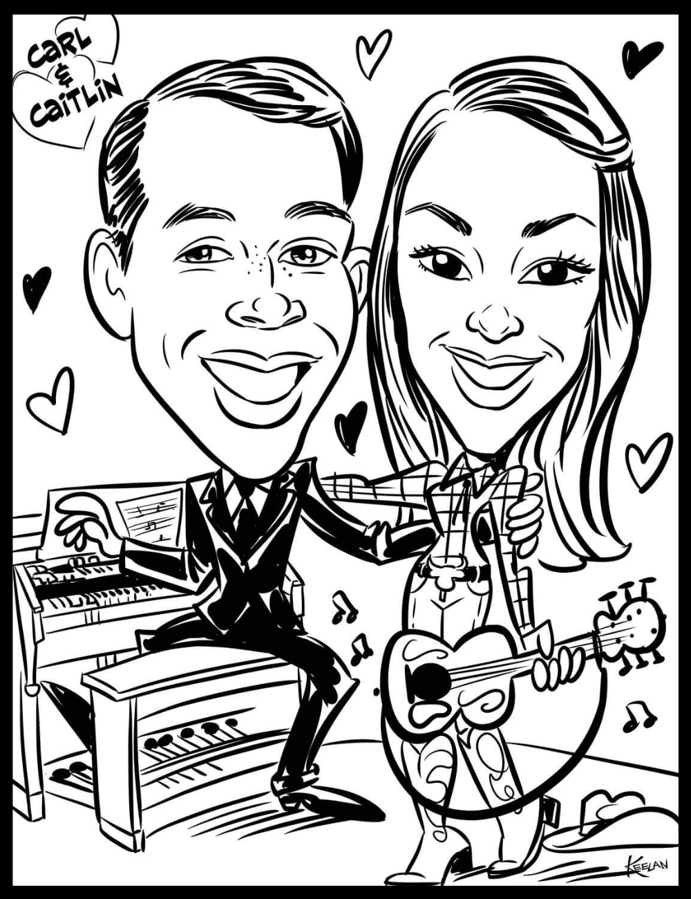 Caricature of a man playing piano and a woman playing guitar with hearts around them.