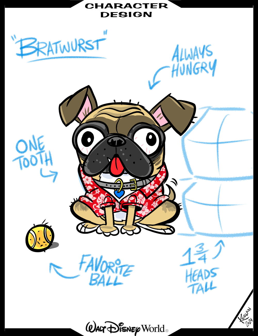 Cartoon dog character design with text labels on a white background