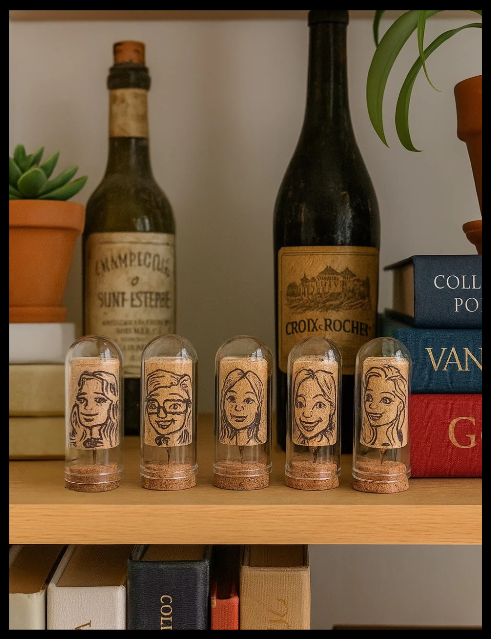 Wine bottles and small glass containers with cork stoppers featuring engraved faces on a shelf.