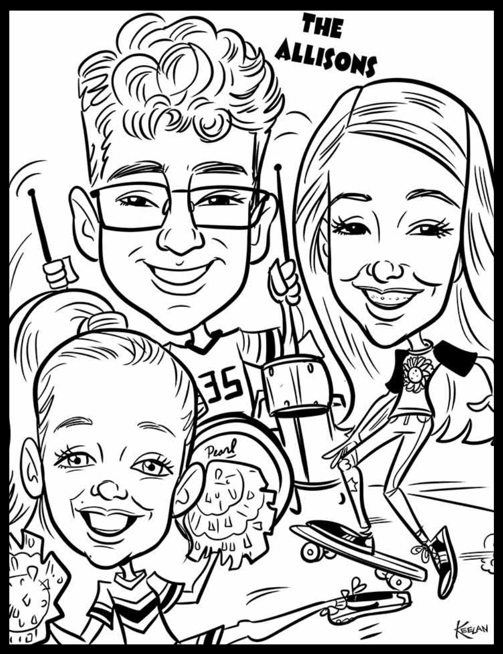 Cartoon family portrait with personalized text 'The Allisons' in black and white.