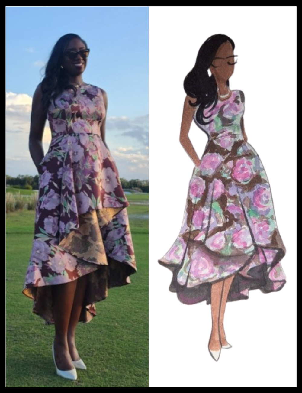 Woman wearing a floral dress outdoors next to an illustration of the same dress.
