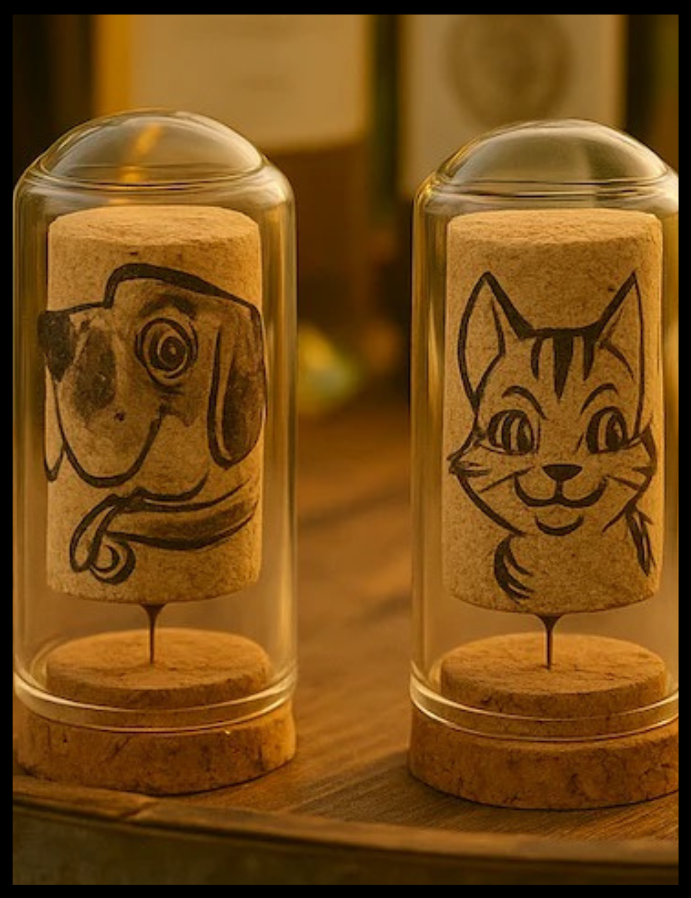 Two Corks with engraved dog and cat faces in glass domes.