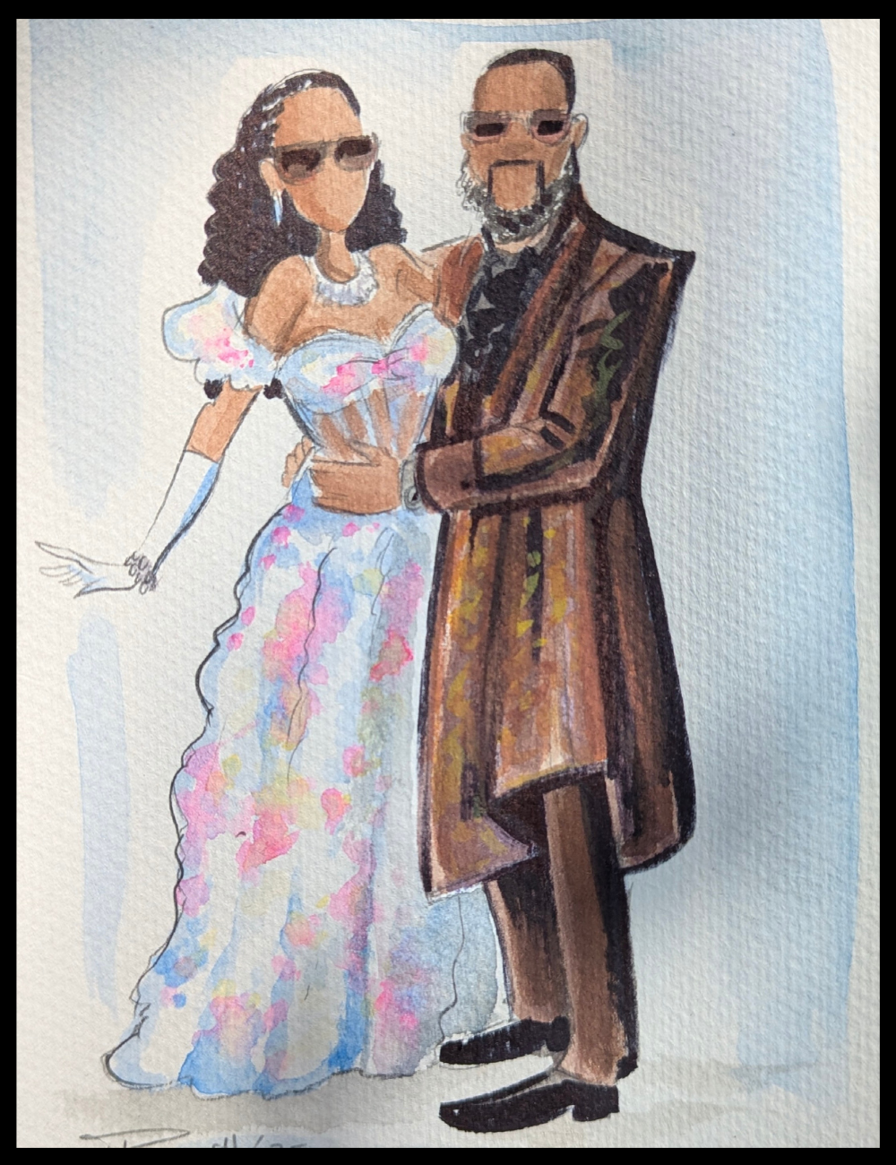 Artistic illustration of a couple in formal attire with a colorful dress and brown coat.