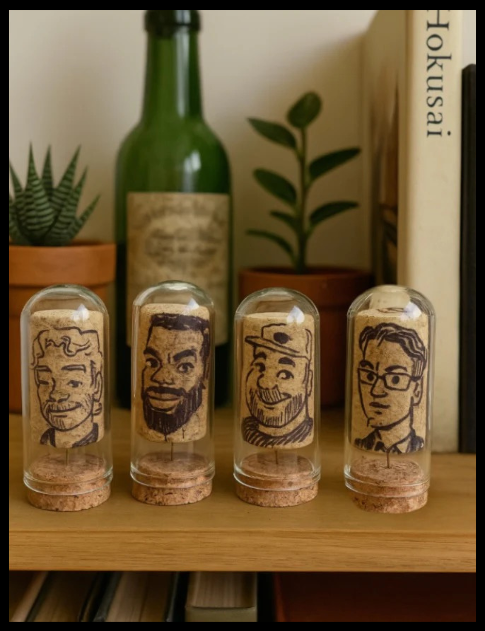 Four small glass containers with cork lids featuring carved faces on a wooden surface.