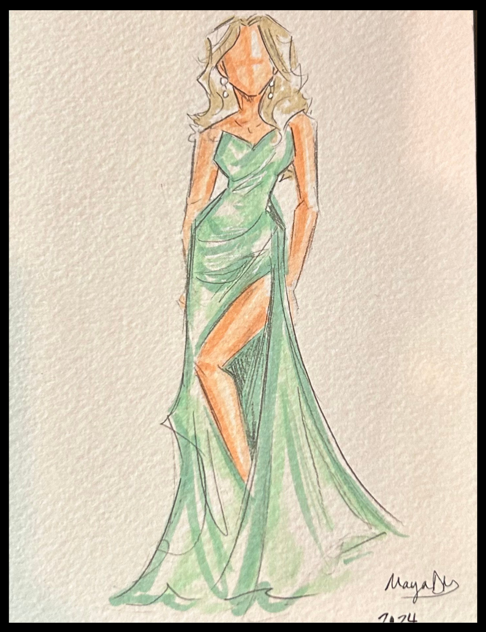 Sketch of a woman wearing a green evening gown on textured paper.