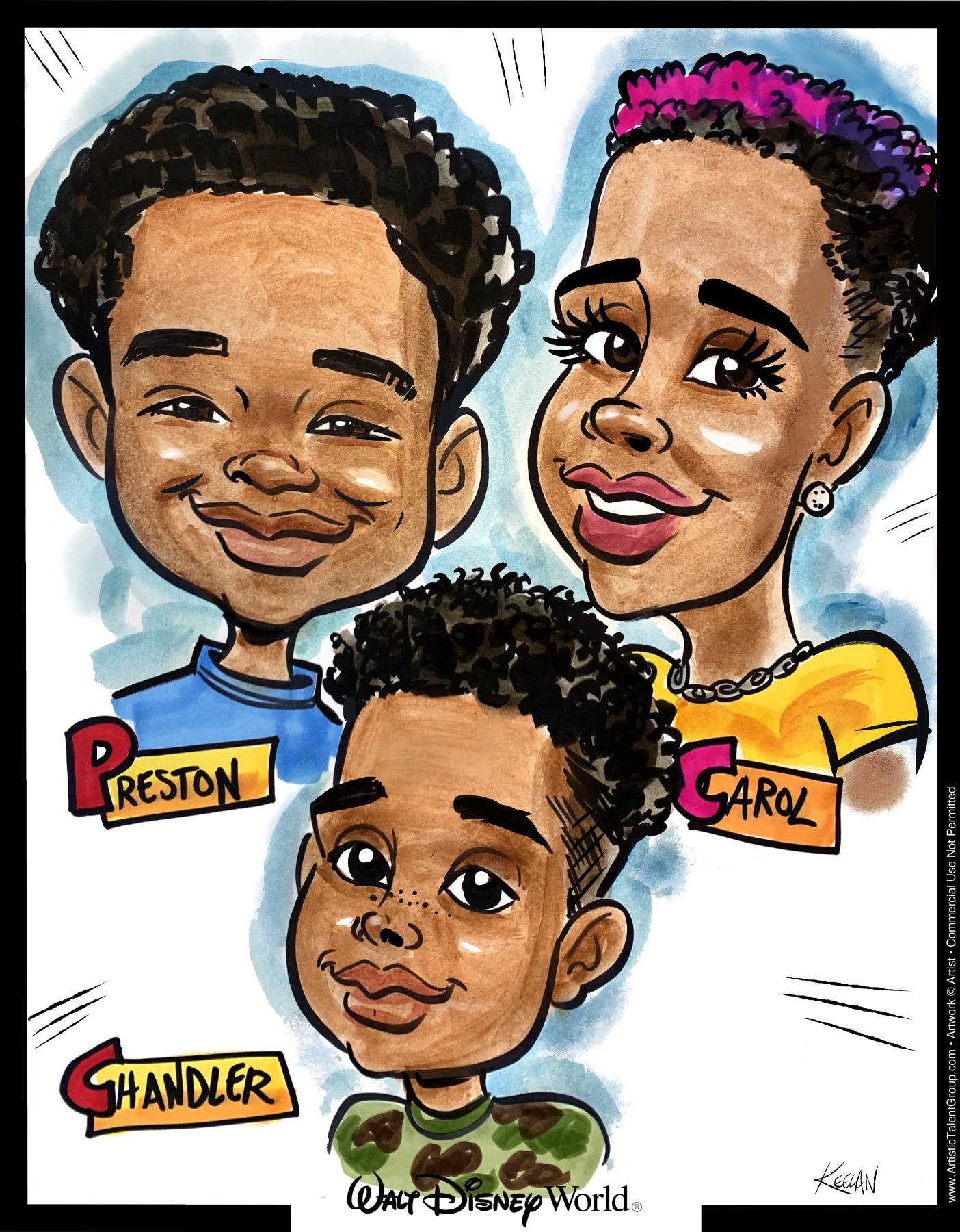 Cartoon caricatures of three children with names underneath on a light blue background