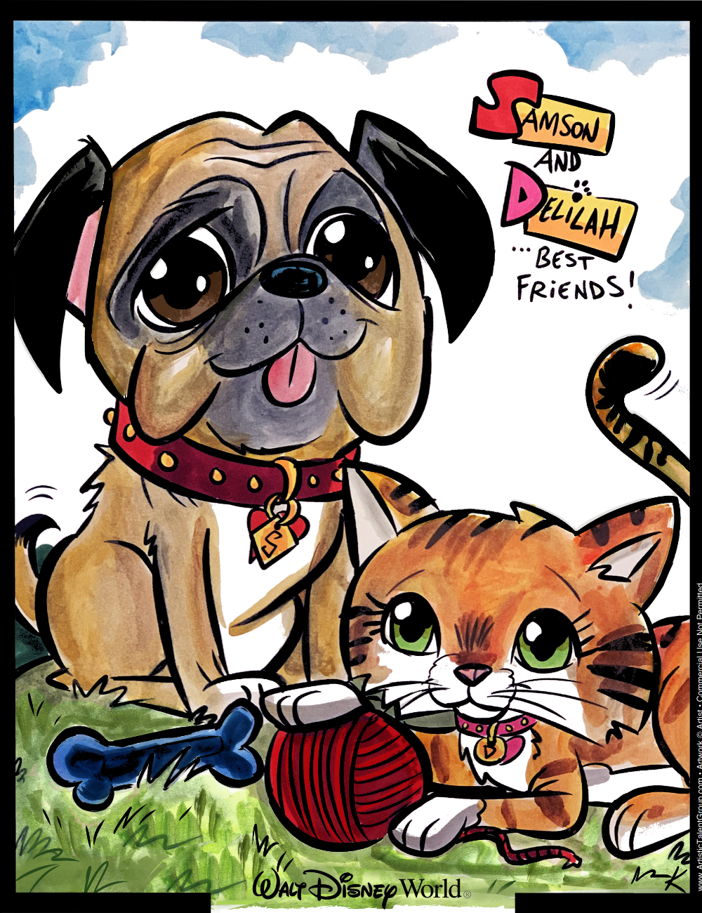 Cartoon dog and cat sitting together with a bone and ball of yarn, featuring 'Samson and Delilah Best Friends' text.