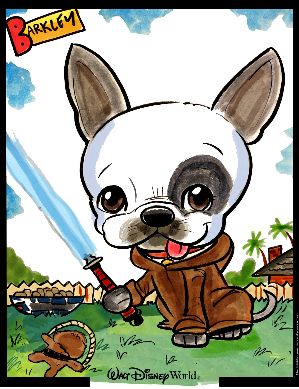 Cartoon dog in a costume holding a sword with a scenic background, featuring the Walt Disney World logo.