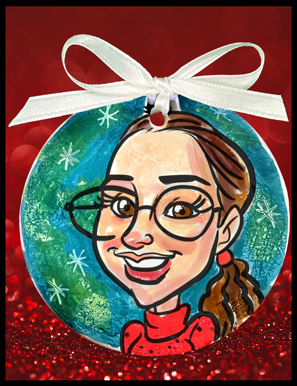 Caricatured face in a Christmas ornament with a white bow on a red background