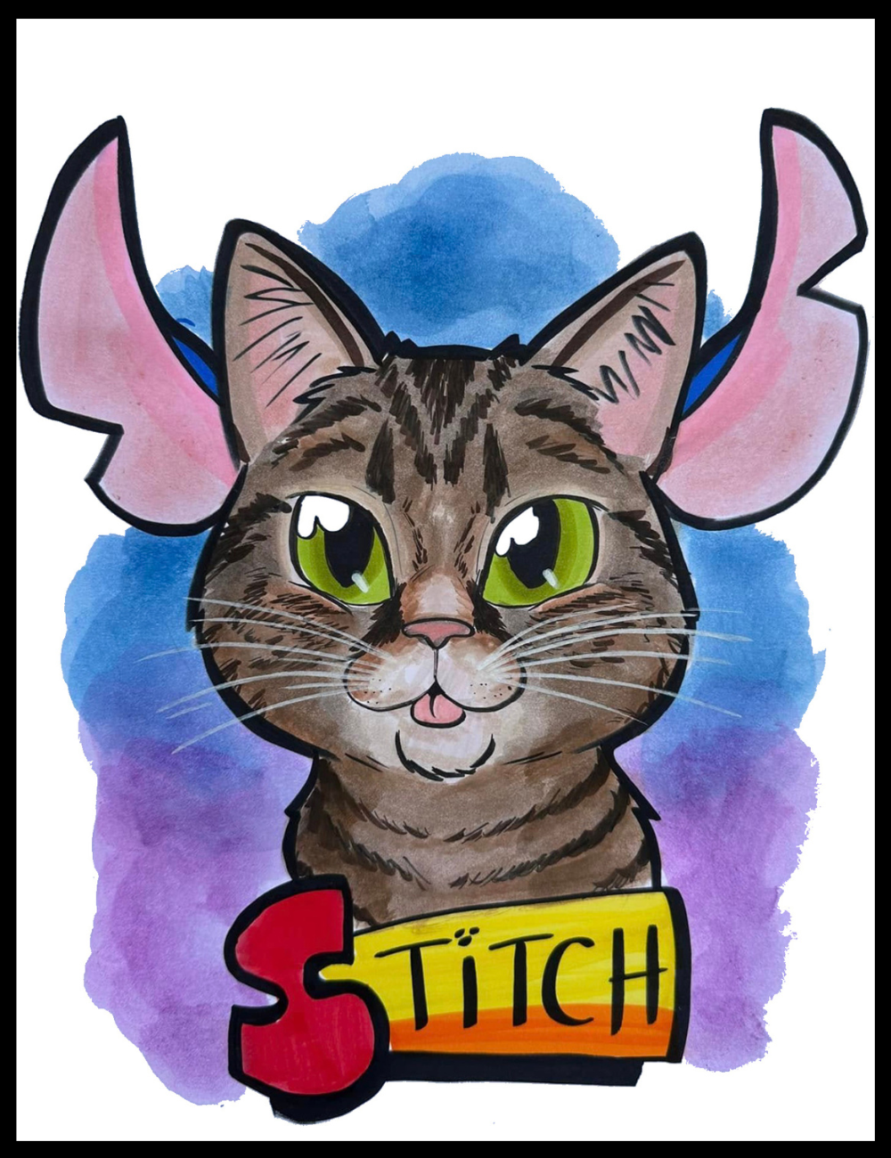 Cartoon cat with pink ears and 'Stitch' sign on colorful background