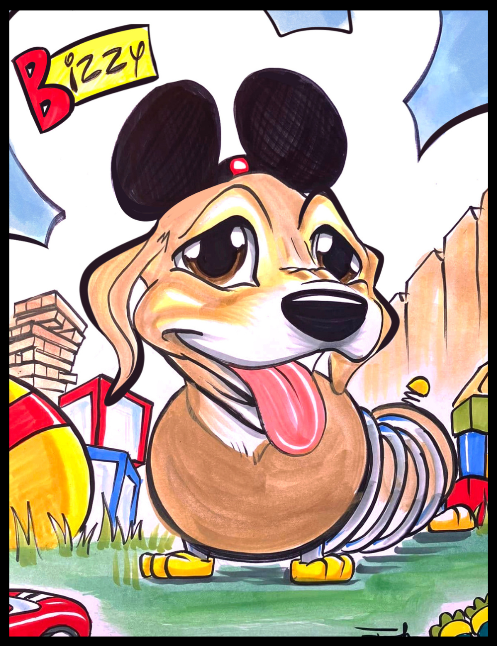 Cartoon dog character with colorful, wearing mouse ears and smiling.