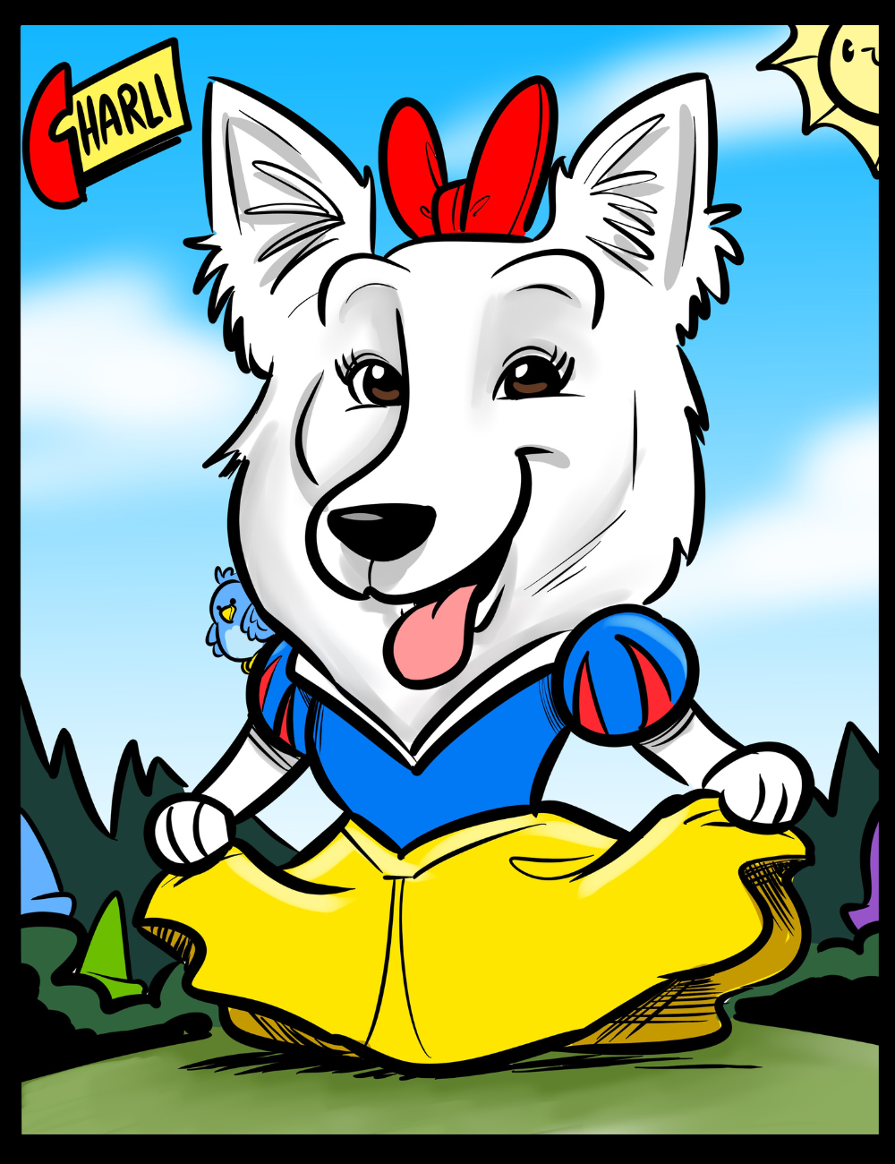 Cartoon dog character with a red bow, blue shirt, and yellow skirt on a blue sky background.