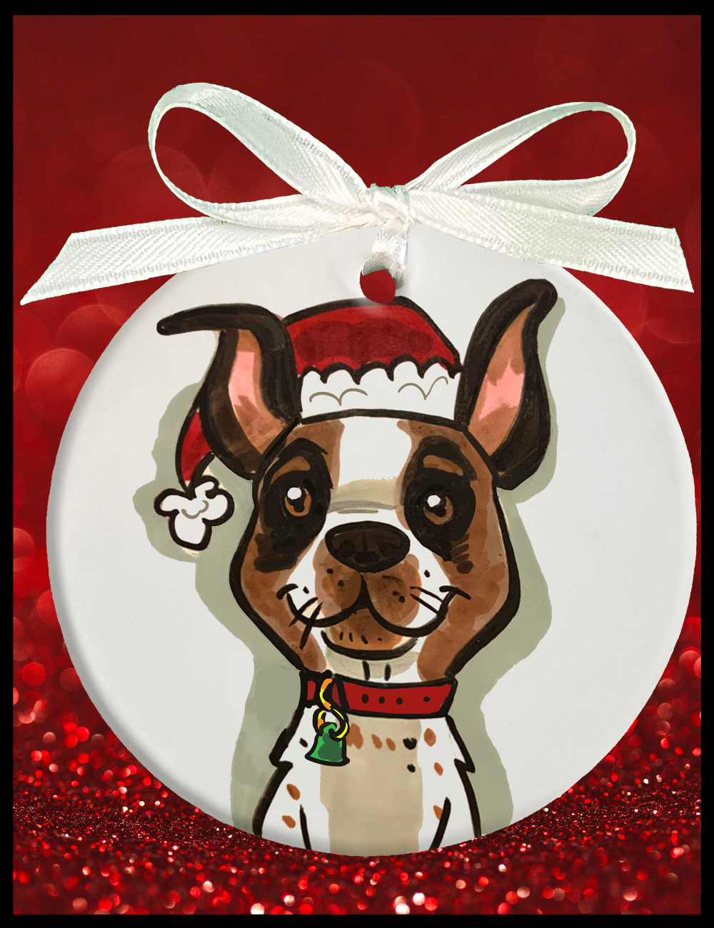 Christmas ornament with a dog wearing a Santa hat on a red background