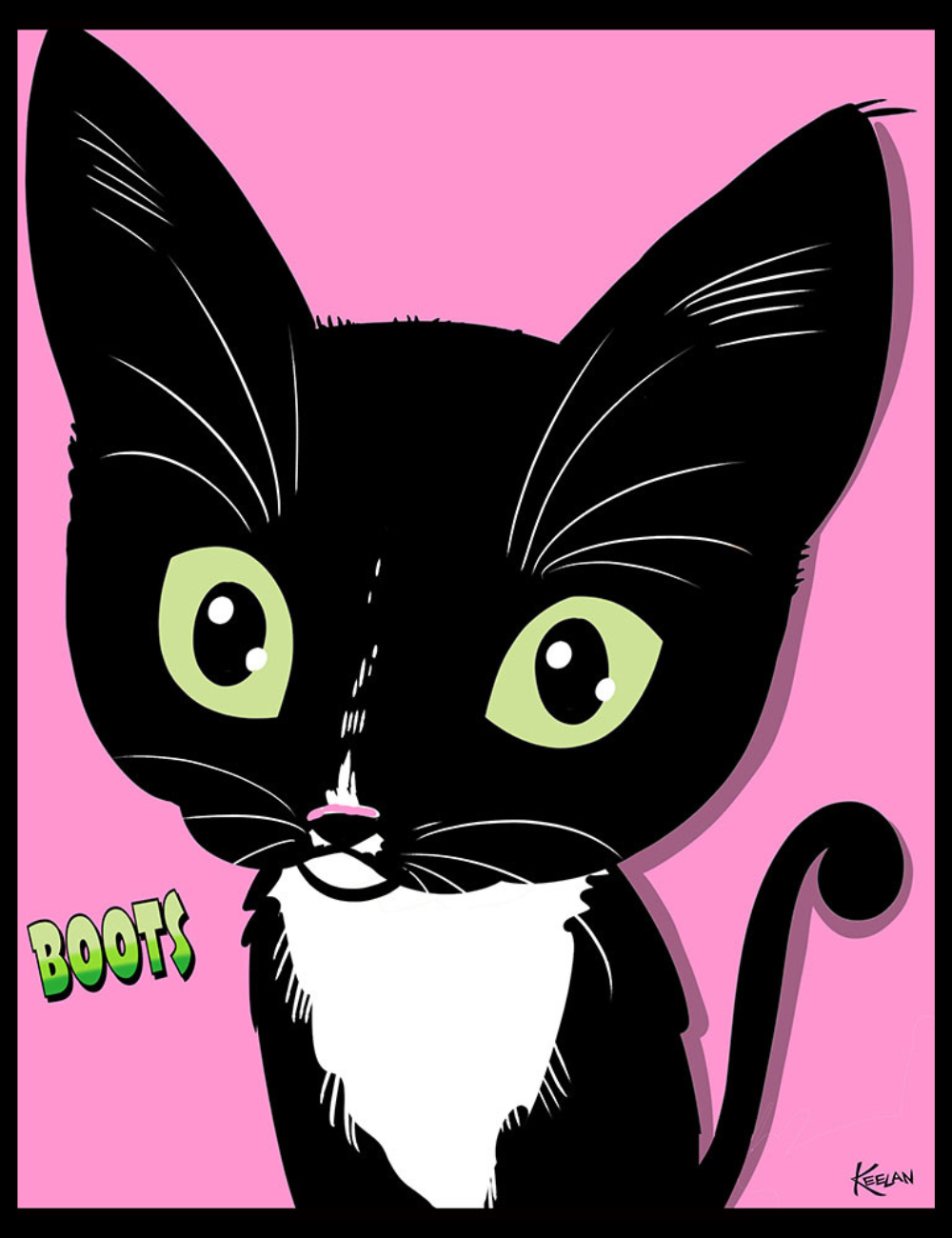 Cartoon black and white cat with green eyes on a pink background, named 'Boots'.