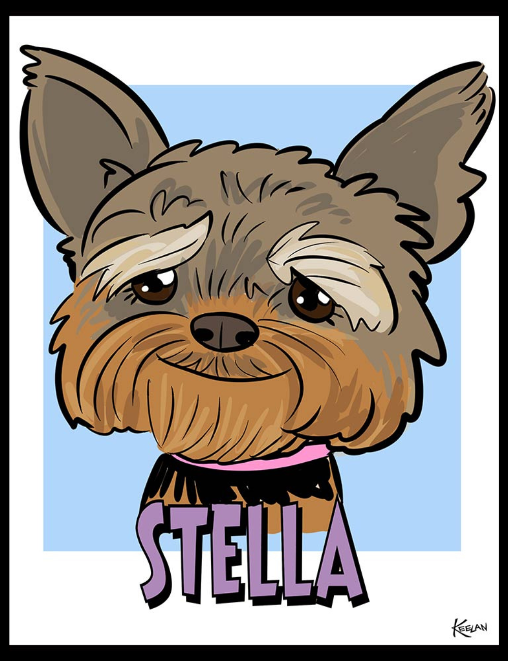 Cartoon dog with 'Stella' on a blue background