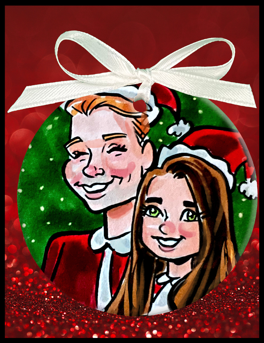 Cartoon illustration of a couple inside a Christmas ornament with a red background