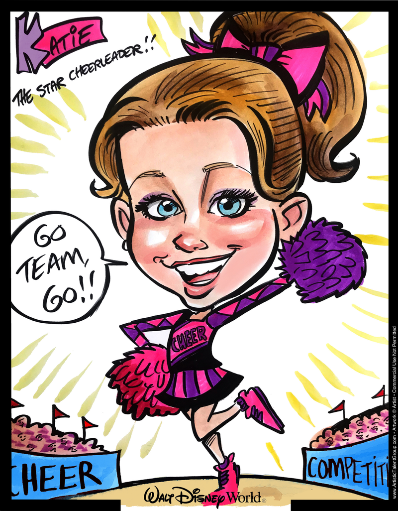 Cartoon caricature of a cheerleader with pom-pom, text bubbles, and 'Walt Disney World' branding.