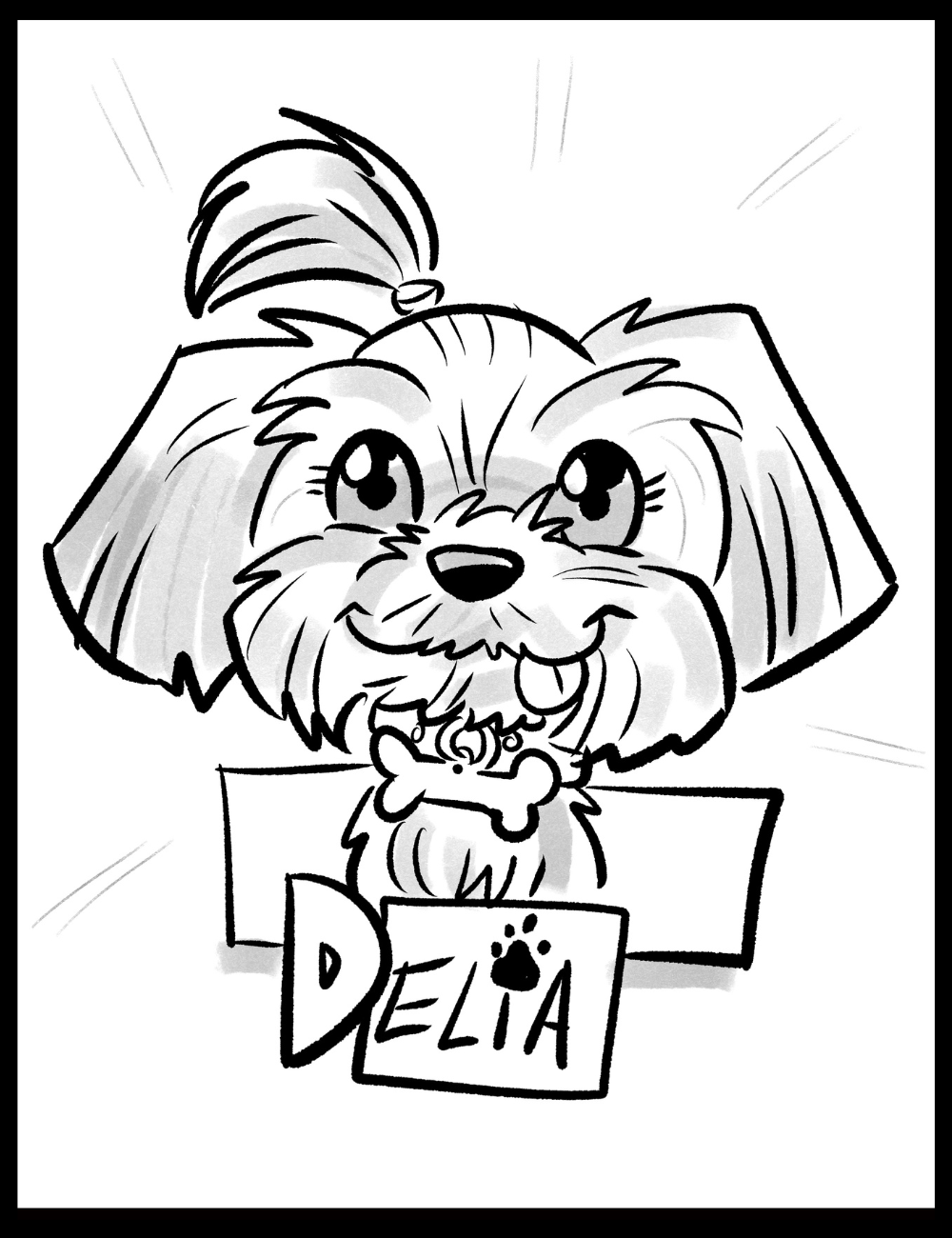 Black and white illustration of a dog with a bow tie and name tag on a white background