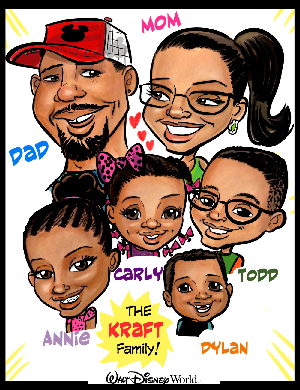 Cartoon family caricature with personalized names and Disney World branding.