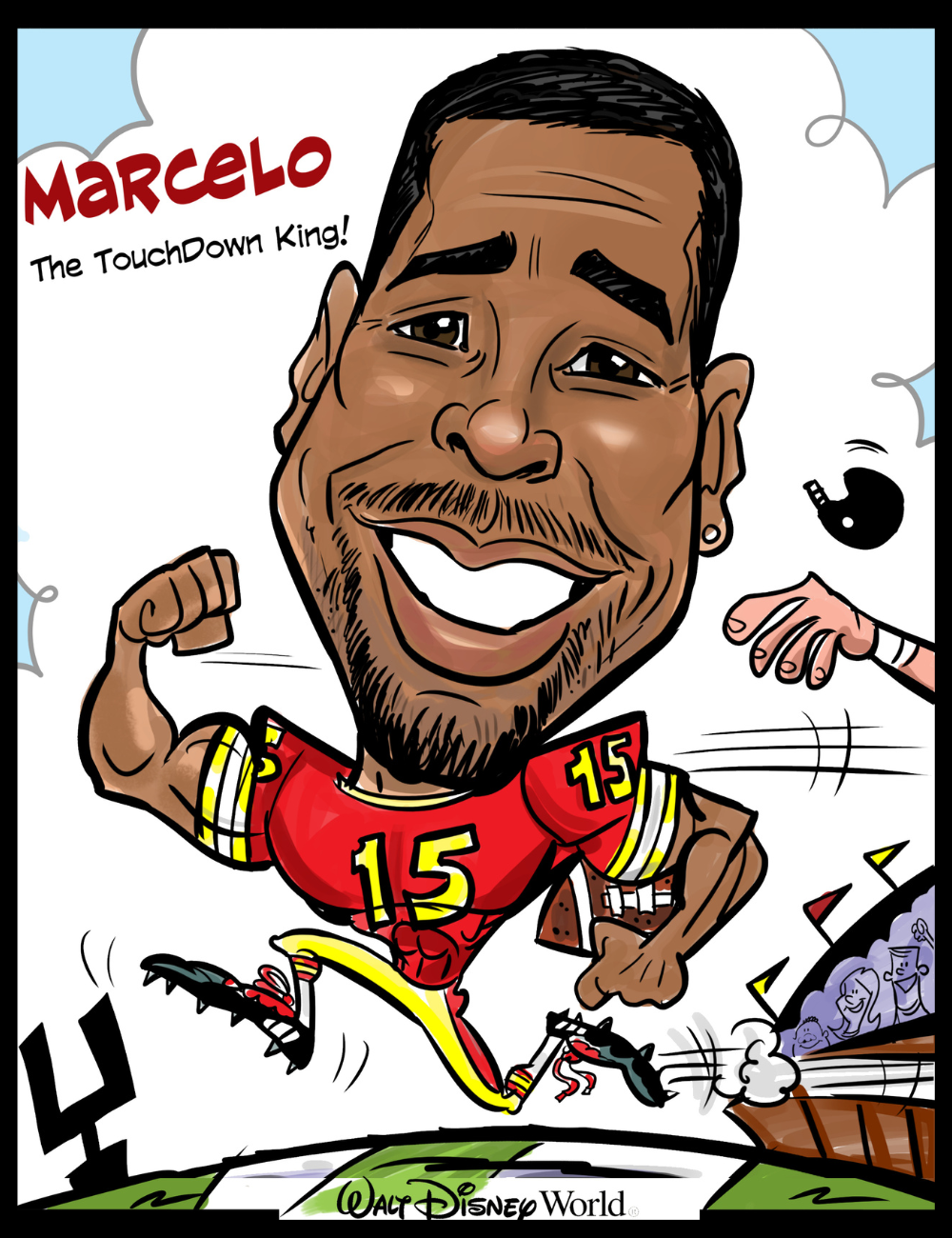 Caricature of a football player in a red jersey with the number 15, labeled 'Marcelo, The TouchDown King!' at Walt Disney World.