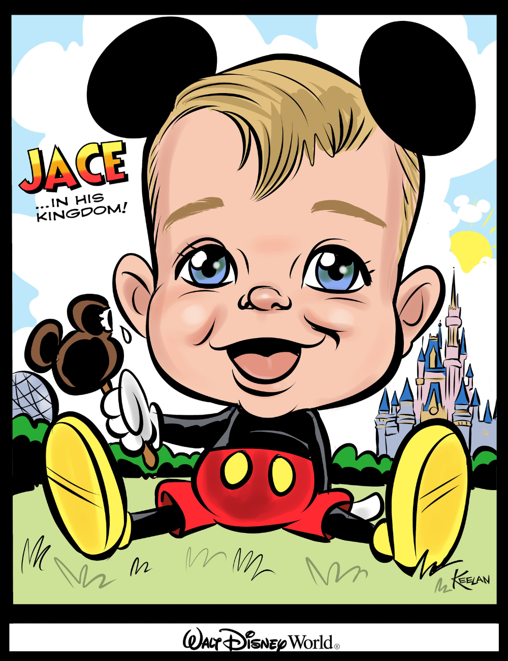 Cartoon baby with Mickey Mouse ears and shoes in front of a castle, with 'Jace in his Kingdom' text.