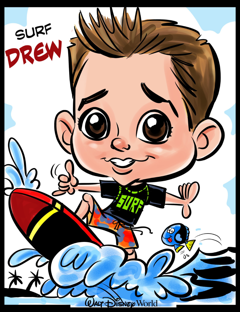 Cartoon character with a surfboard and fish in a beach setting, featuring 'Surf Drew' text.