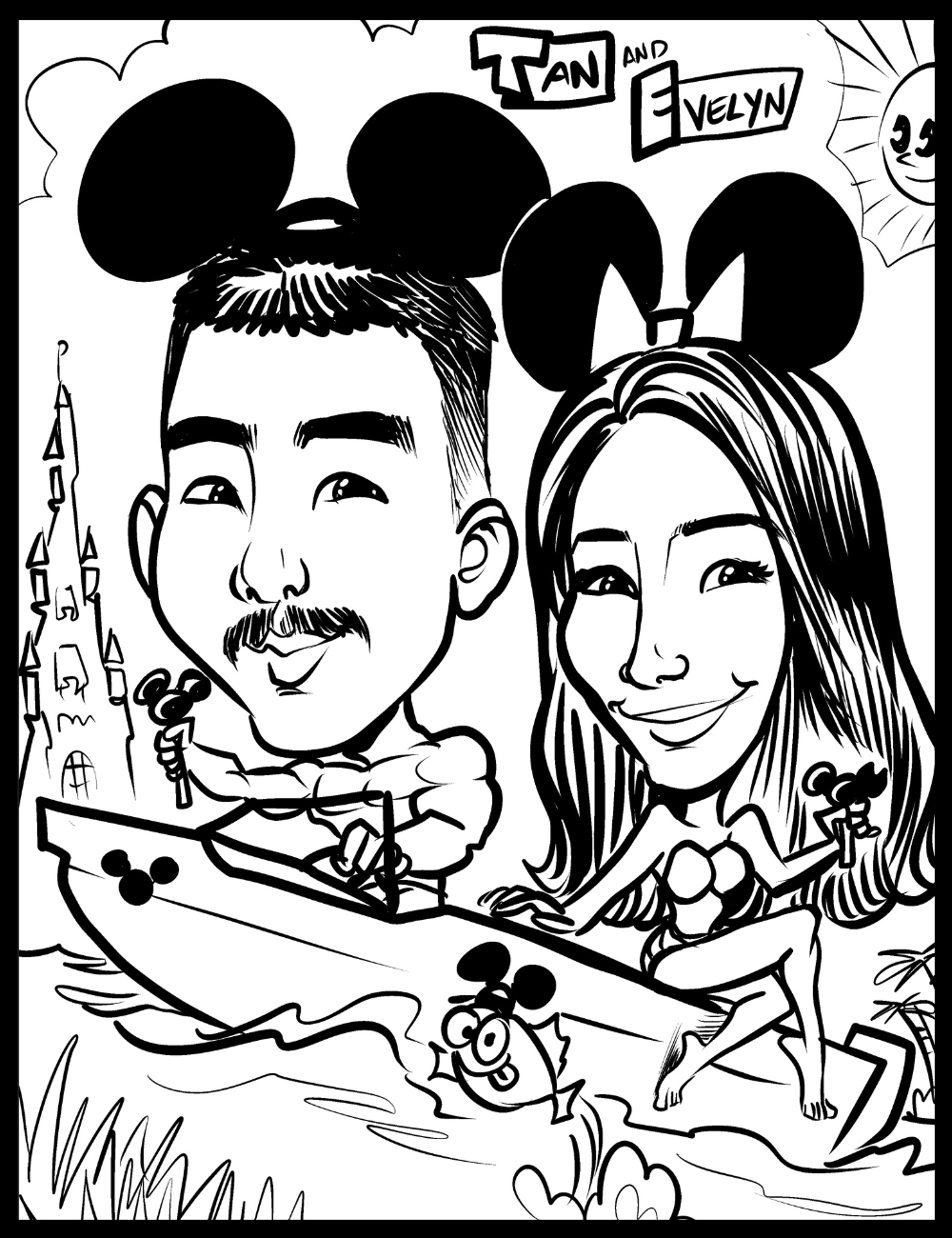 Cartoon caricature of a couple with Mickey Mouse ears and Disney-themed elements.